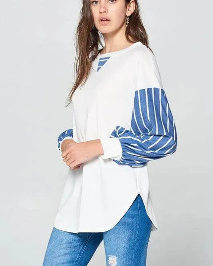 Blusa de rizo francés de manga larga a rayas, elegante y acogedora