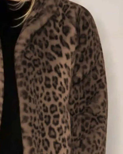 Full Size Leopard Furry Collared Neck Long Sleeve Coat - ShopEasier