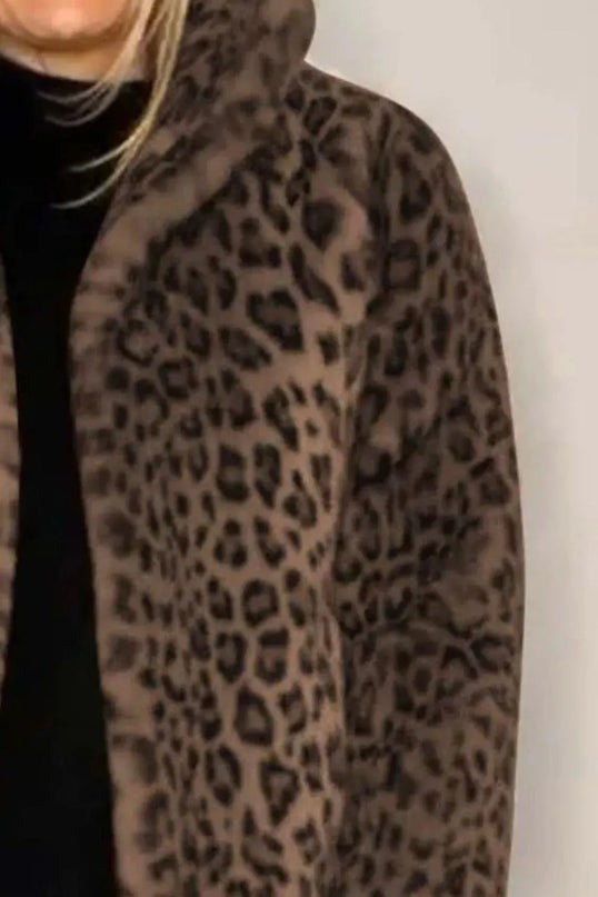 Full Size Leopard Furry Collared Neck Long Sleeve Coat - ShopEasier