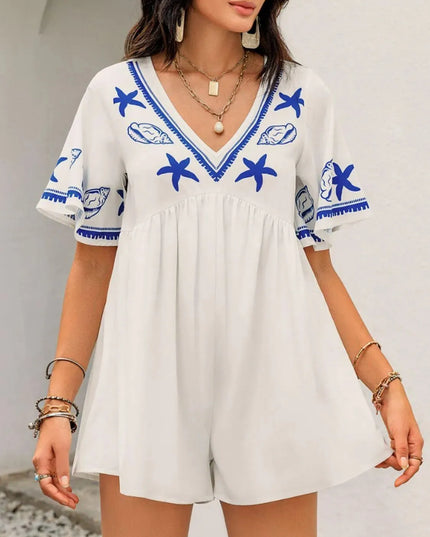 Printed V-Neck Half Sleeve Romper - ShopEasier