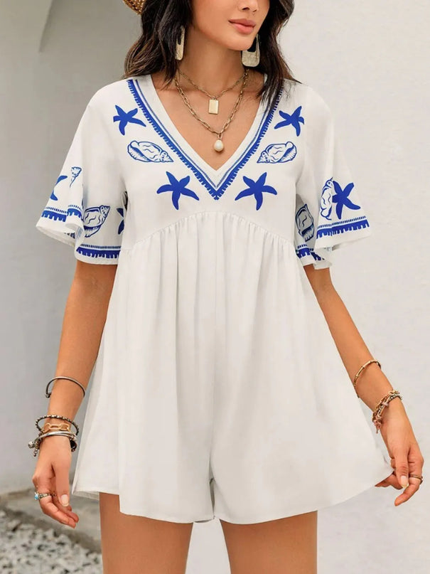 Printed V-Neck Half Sleeve Romper - ShopEasier