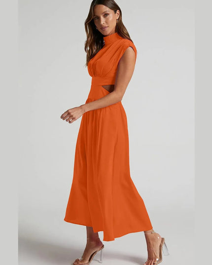 Cutout Mock Neck Sleeveless Ruched Dress