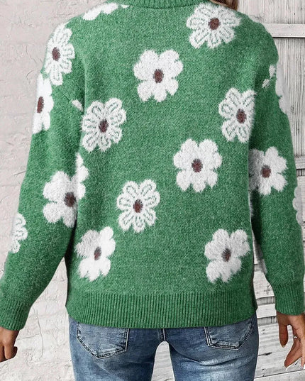 Flower Half Zip Long Sleeve Sweater - ShopEasier