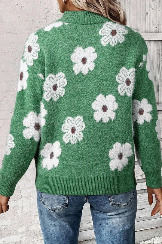 Flower Half Zip Long Sleeve Sweater - ShopEasier