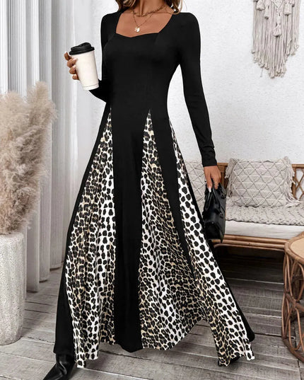 Perfee Leopard Square Neck Long Sleeve Maxi Dress - ShopEasier