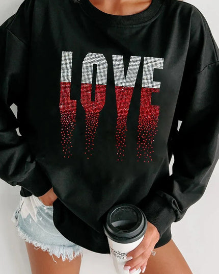 Sudadera de manga larga con gráfico LOVE y adornos de diamantes de imitación