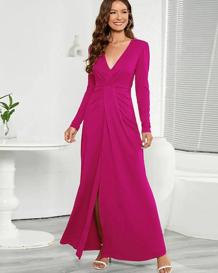 V-Neck Long Sleeve Split Dress - ShopEasier