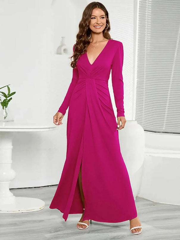 V-Neck Long Sleeve Split Dress - ShopEasier