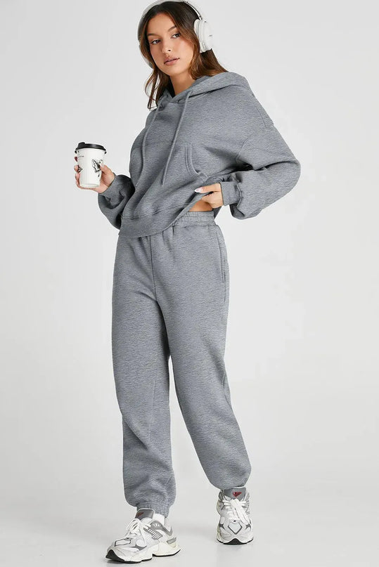 Casual Drawstring Hooded Activewear Set with Pocketed Pants