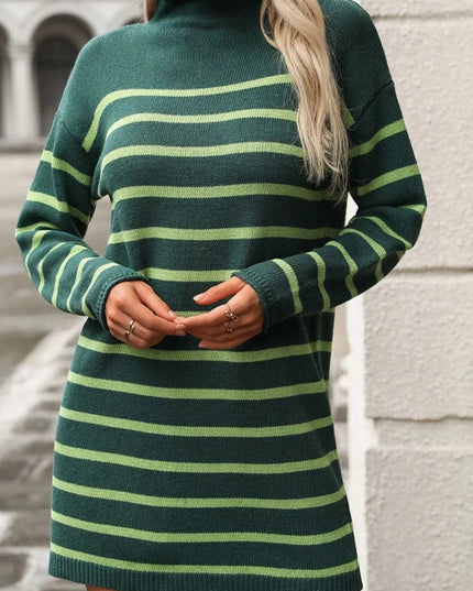 Striped Mock Neck Long Sleeve Mini Dress - ShopEasier