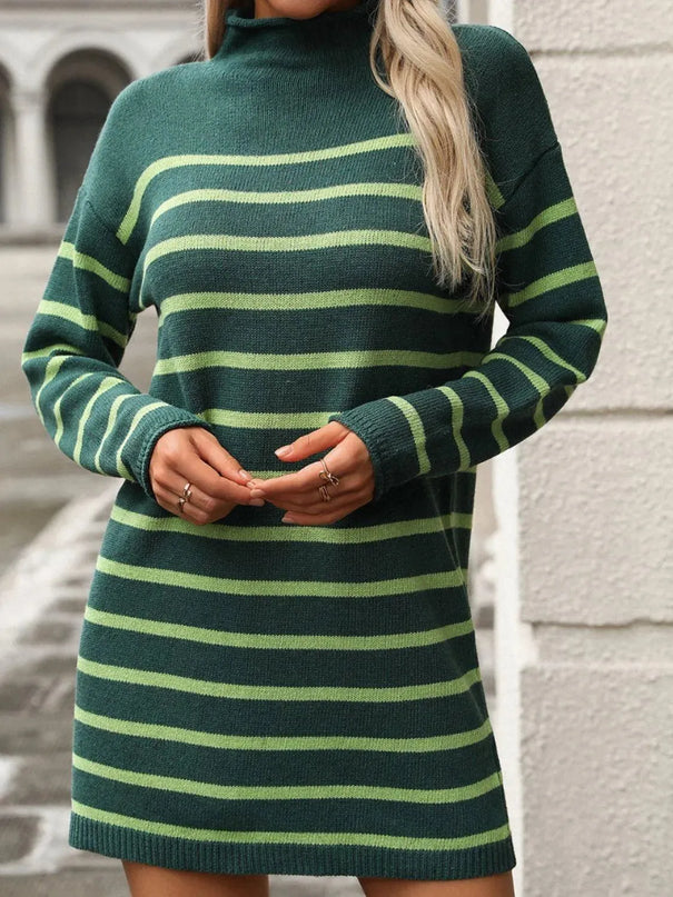 Striped Mock Neck Long Sleeve Mini Dress - ShopEasier