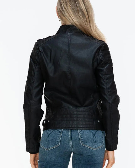 Snobbish PU Leather Biker Jacket with Side Zip Pockets - ShopEasier