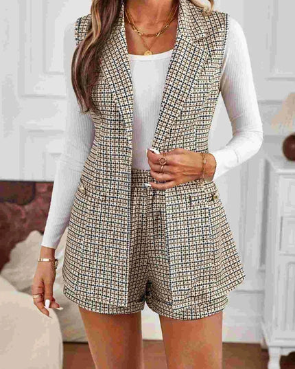 Plaid Collared Neck Two-Piece Vest and Shorts Ensemble