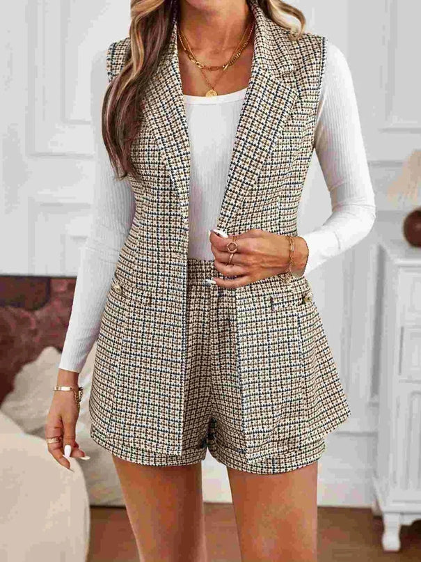 Plaid Collared Neck Two-Piece Vest and Shorts Ensemble