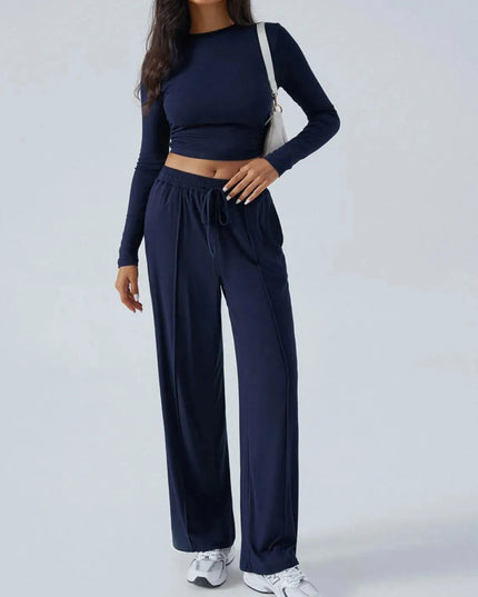 Chic Tied Long Sleeve Top and Pants Set with Pockets