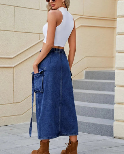 High-Waisted Denim Skirt with Slit Pockets