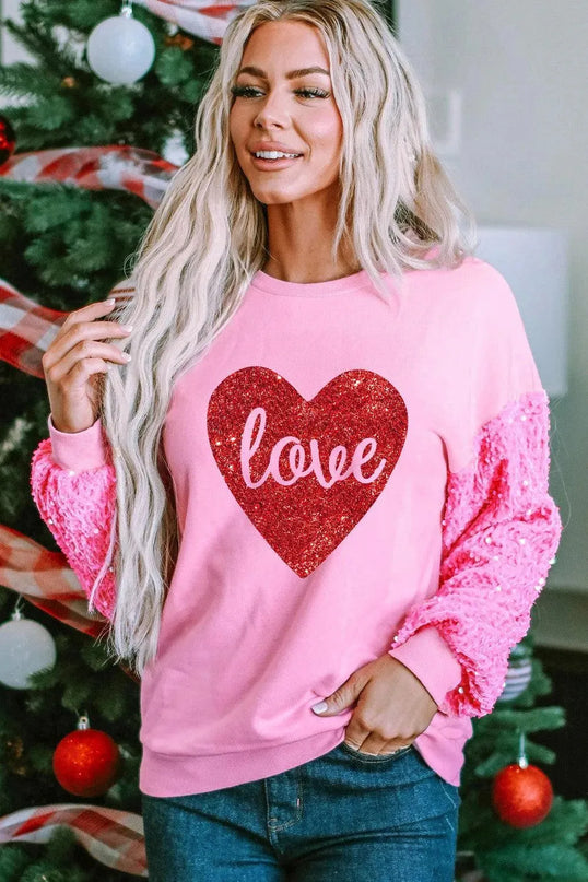 LOVE Heart Sequin Dropped Shoulder Sweatshirt - ShopEasier