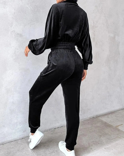 Zip Up Long Sleeve Cropped Top and Joggers Set - ShopEasier