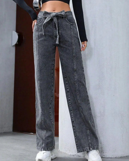 Tied Straight Leg Jeans with Pockets - ShopEasier