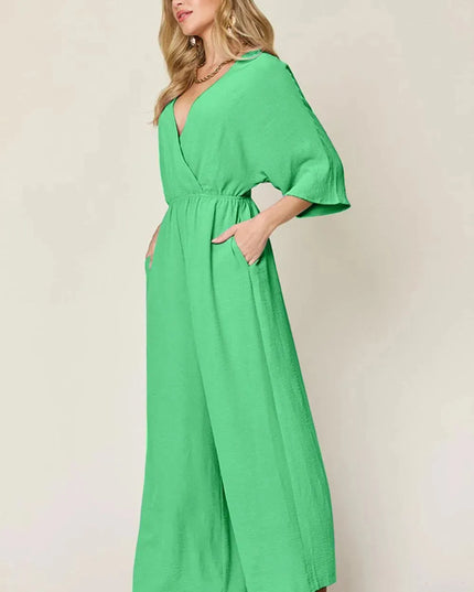 Double Take Full Size Surplice Wide Leg Jumpsuit with Pockets - ShopEasier