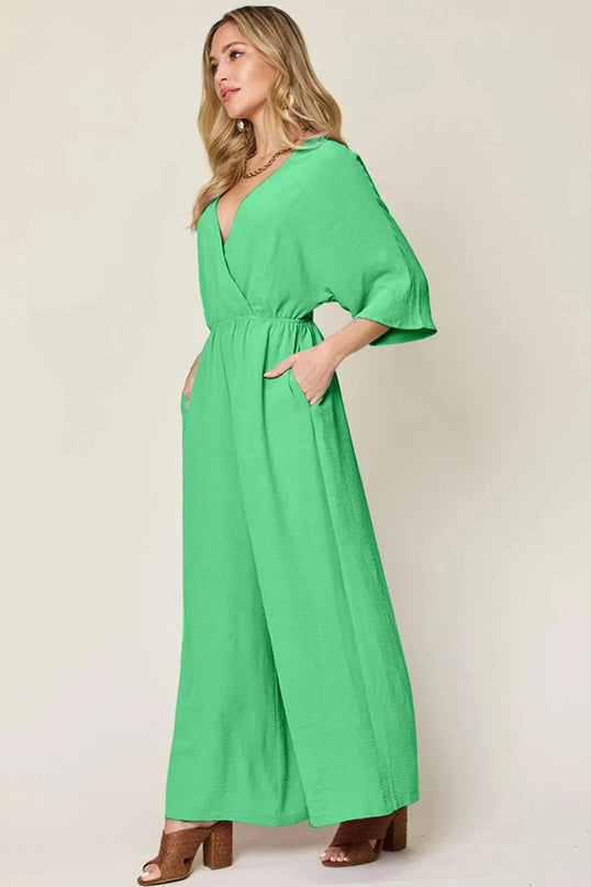 Double Take Full Size Surplice Wide Leg Jumpsuit with Pockets - ShopEasier