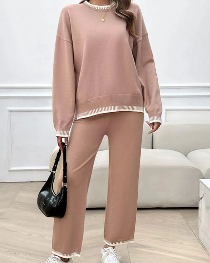 Chic Dropped Shoulder Sweater Set with Round Neck Top and Pants