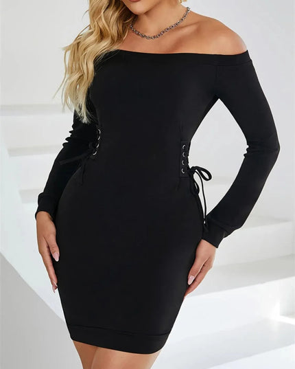 Lace-Up Off Shoulder Long Sleeve Mini Dress - ShopEasier