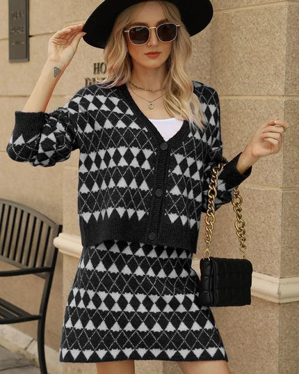 Sleek Geometric Knit Cardigan and Skirt Ensemble