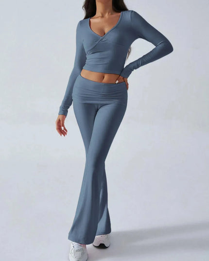 Chic Ruched Long Sleeve Top and Pants Ensemble