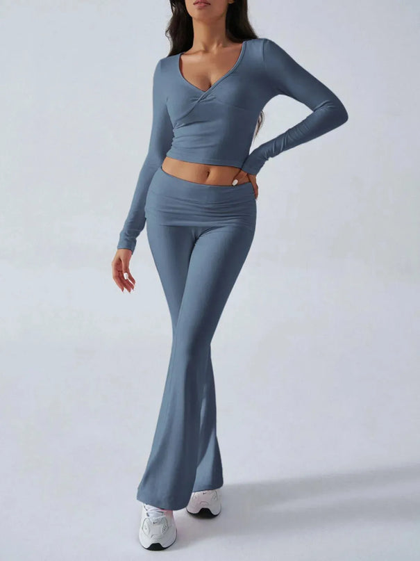 Chic Ruched Long Sleeve Top and Pants Ensemble