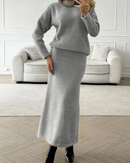 Round Neck Dropped Shoulder Top and Midi Skirt Sweater Set