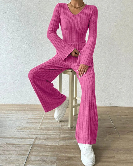 V-Neck Ribbed Long Sleeve Top with Pocketed Trousers Set