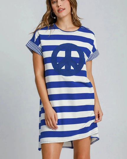 Umgee Peace Applique Striped Short Sleeve Mini Dress