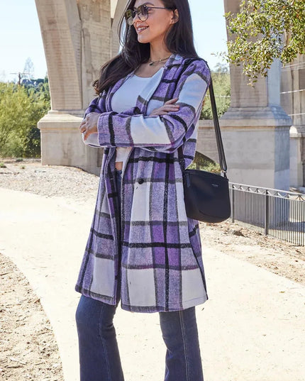 Plaid Button-Up Lapel Coat with Pockets - Full Size Double Take Design