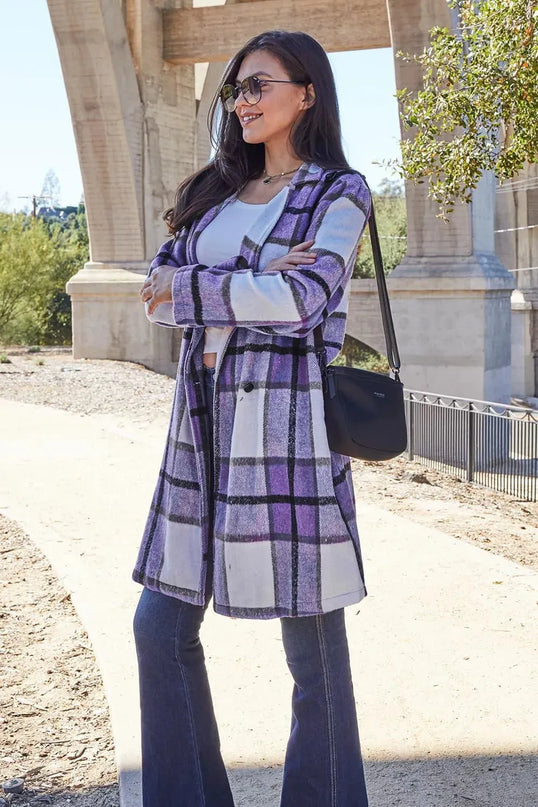 Plaid Button-Up Lapel Coat with Pockets - Full Size Double Take Design