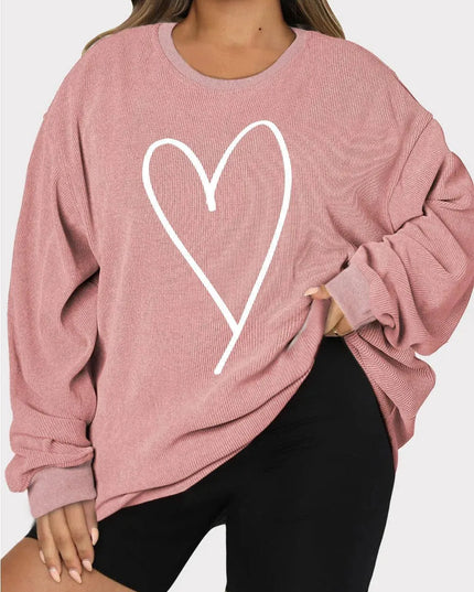 Plus Size Heart Ribbed Round Neck Sweatshirt - ShopEasier