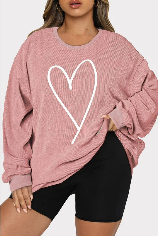 Plus Size Heart Ribbed Round Neck Sweatshirt - ShopEasier