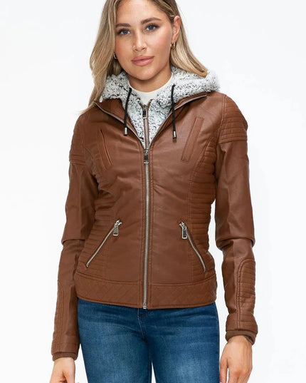 YMI Faux Layered Double-Zipper Jacket with Fuzzy Hood - ShopEasier