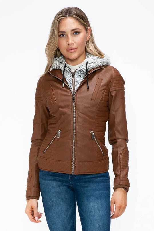 YMI Faux Layered Double-Zipper Jacket with Fuzzy Hood - ShopEasier