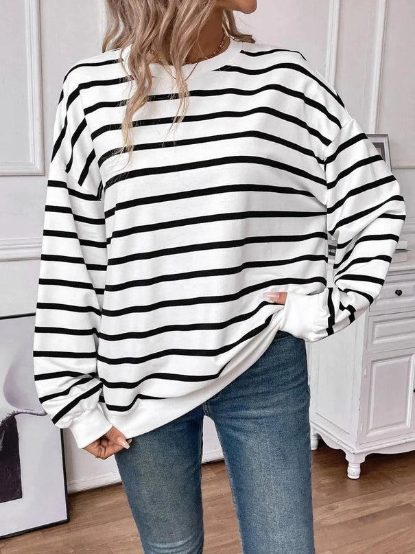 Chic Striped Round Neck Long Sleeve Sweatshirt