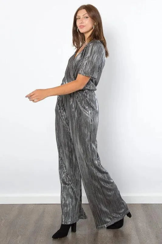 Be Stage Surplice Short Sleeve Pleated Foil Jumpsuit - ShopEasier