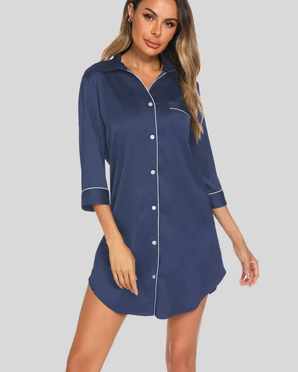 Button Up Collared Neck Night Dress with Pocket