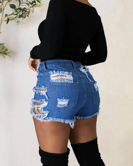 Distressed Pocketed Denim Shorts with Raw Hem Finish