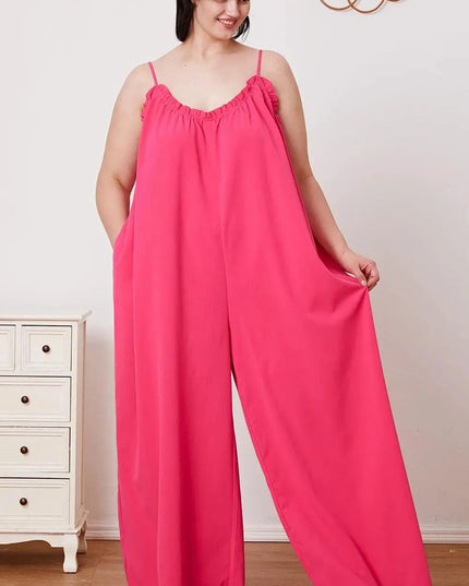 Double Take Full Size Ruffle Trim Tie Back Cami Jumpsuit with Pockets - ShopEasier