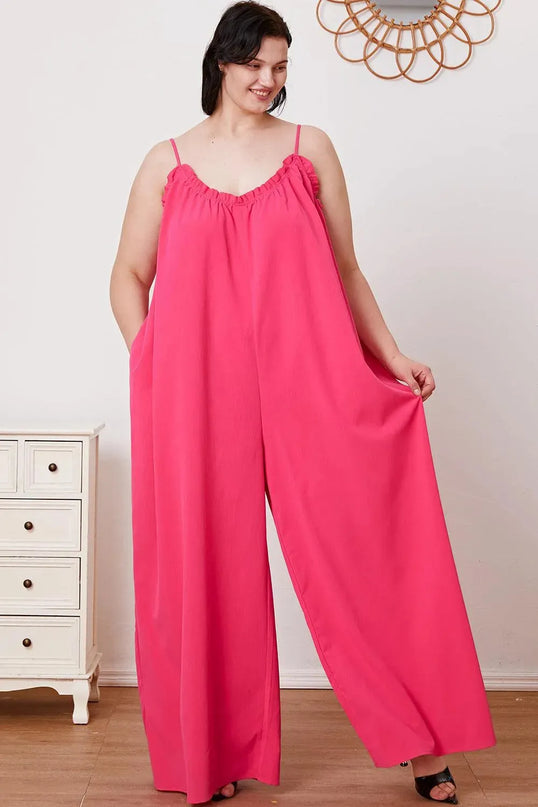 Double Take Full Size Ruffle Trim Tie Back Cami Jumpsuit with Pockets - ShopEasier