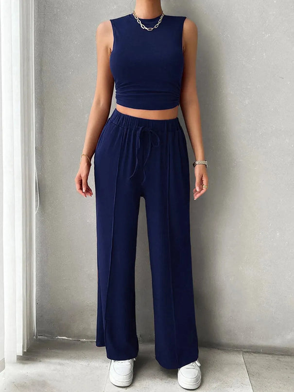 Devine Mock Neck Sleeveless Top and Drawstring Pants Set - ShopEasier