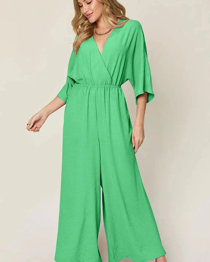 Double Take Full Size Surplice Wide Leg Jumpsuit with Pockets - ShopEasier