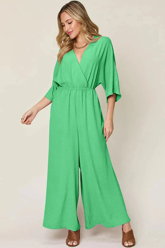 Double Take Full Size Surplice Wide Leg Jumpsuit with Pockets - ShopEasier