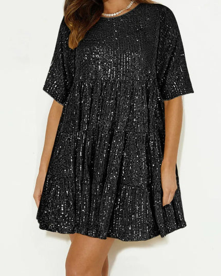 Sequin Round Neck Half Sleeve Mini Dress