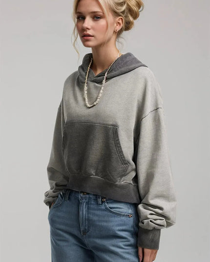 Cropped Cotton Hoodie with Kangaroo Pocket and Long Sleeves